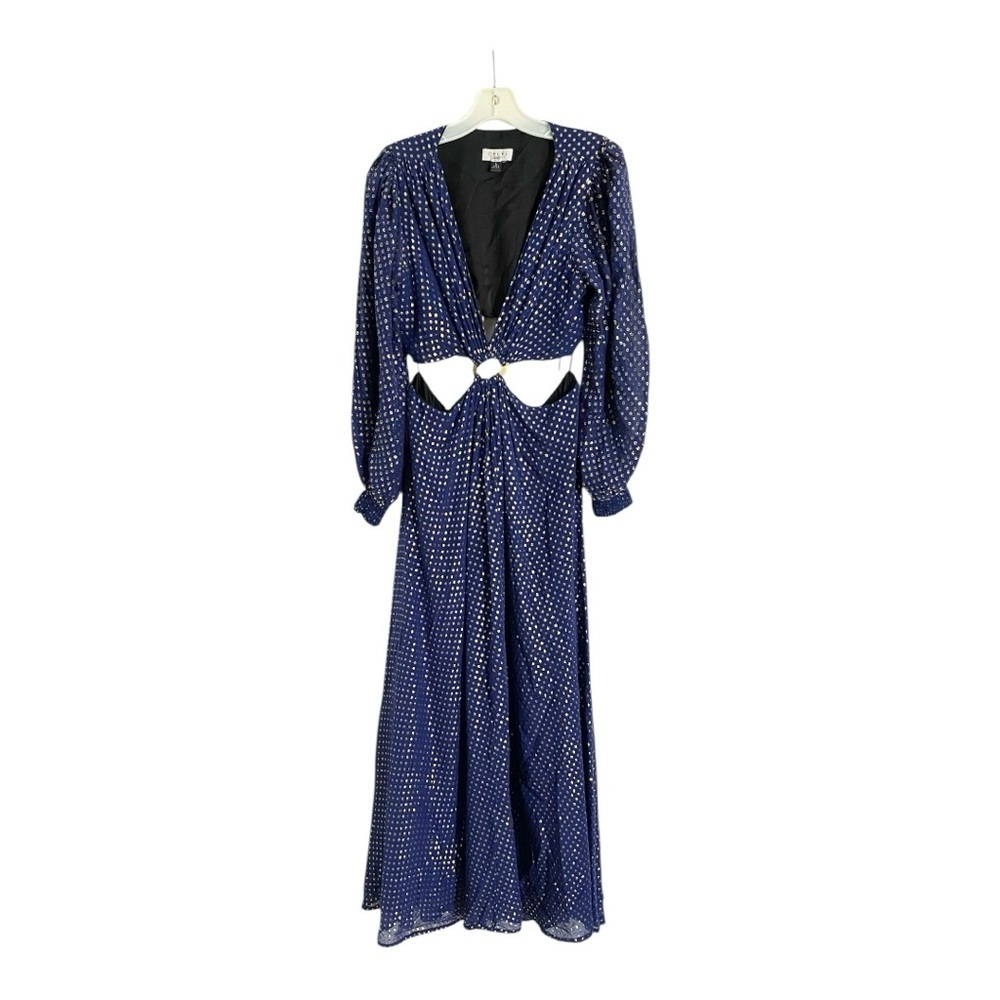 DELFI Cerise Gown Maxi Dress Waist Cutout in Blue Gold Silk Chiffon Size Large - Picture 6 of 13